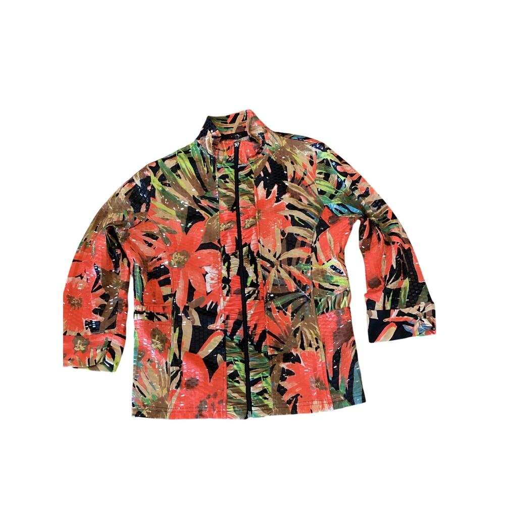 Toni Morgan Jacket Shiny Floral Orange Black Multi Zip Front 3/4 Sleeve Size M